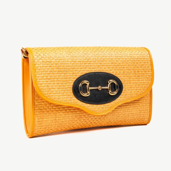 Gucci Horsebit 1955 Yellow Raffia Leather-Trimmed Shoulder Bag - Picture 2 of 13